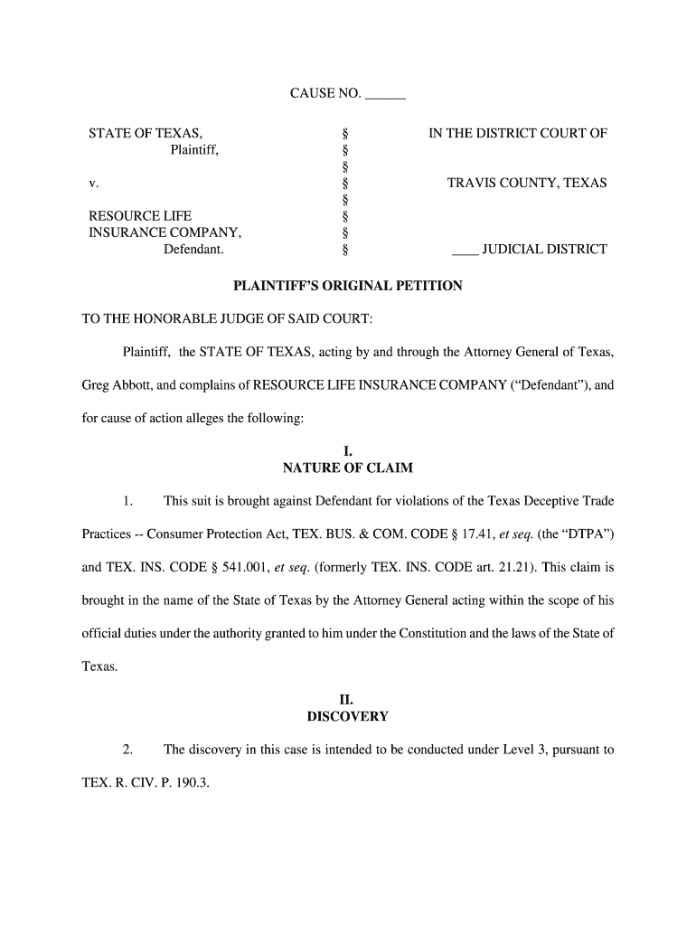 Plaintiff's Original Petition Texas Template  Form