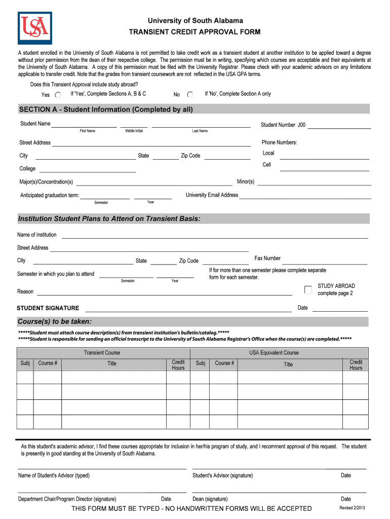 Get and Sign South Alabama Transient Student Form