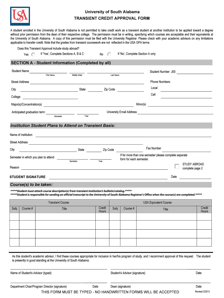 South Alabama Transient Student Form