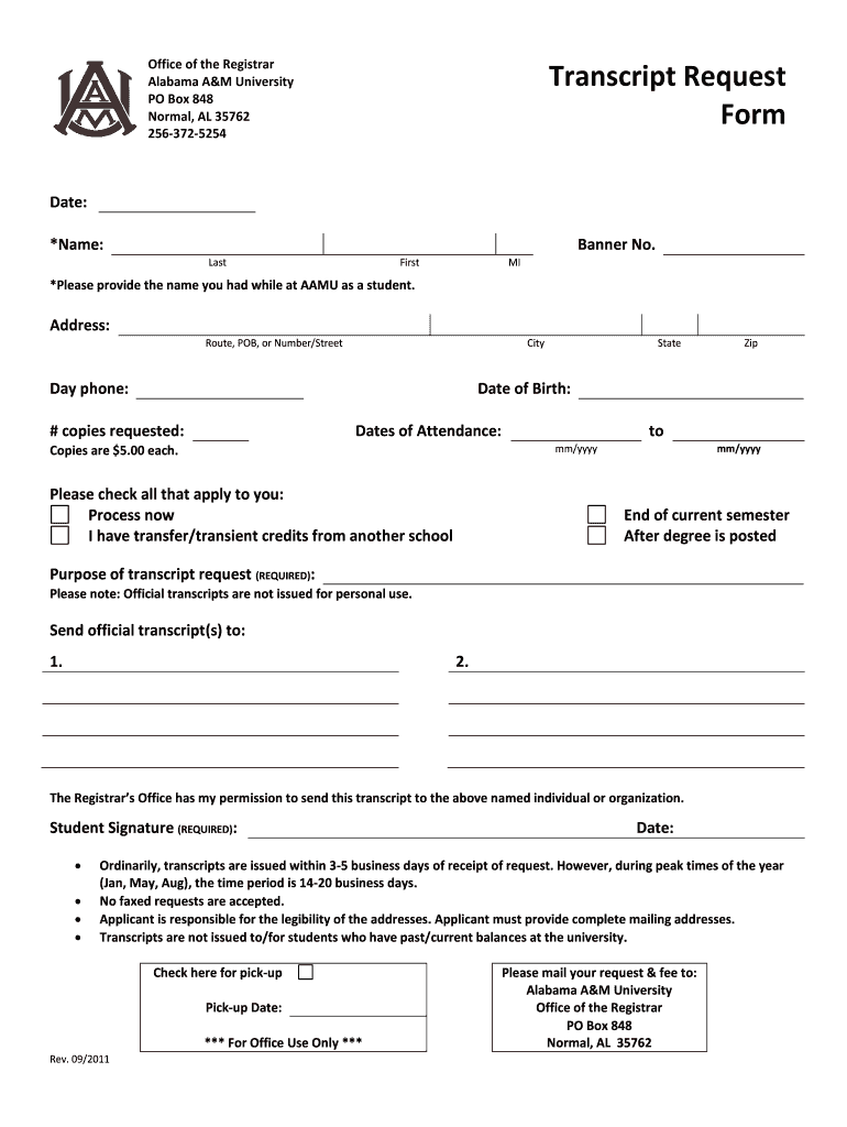 Alabama a M Transcript Request  Form