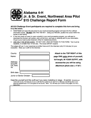 Alabama 4 H $15 Challenge Report Papers Form