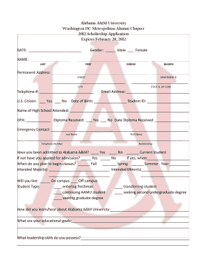 WashingtonDC2012 Scholarship Application Alabama A&amp;M Aamu  Form