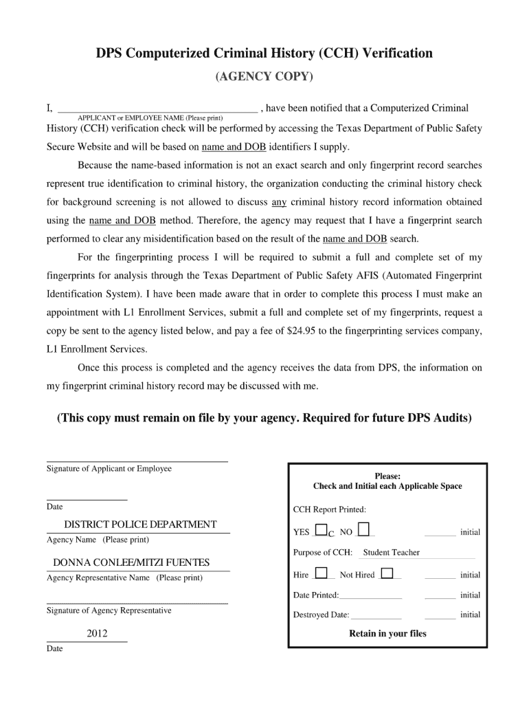  Dps Computerized Criminal History Verification Form Fillable 2012