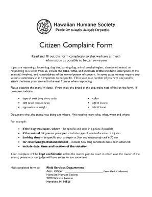 Hawaii Humane Society Complaint Form