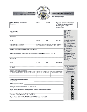 Pa Attorney General Consumer Complaint Online  Form