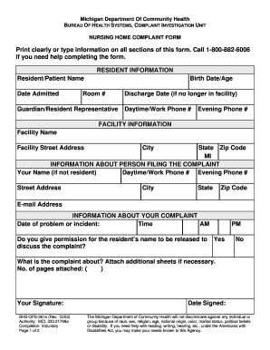 State of Michigan Nursing Home Complaints  Form