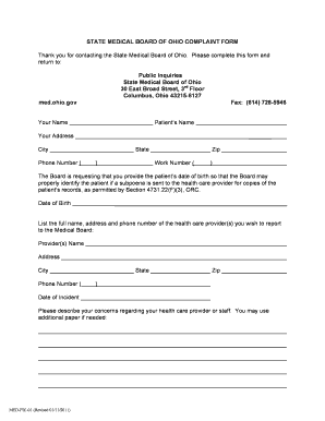 State Medical Board of Ohio Complaint Form