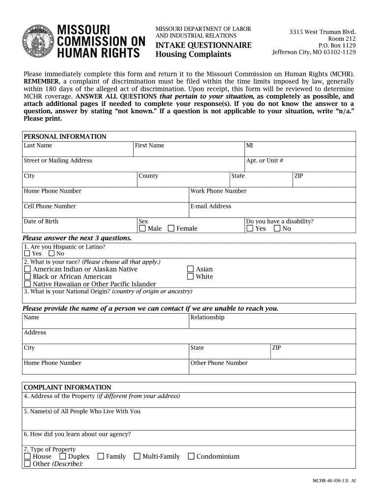 Mchr Questionnaire Form Printable