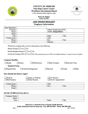 New Jersey Job Order Form