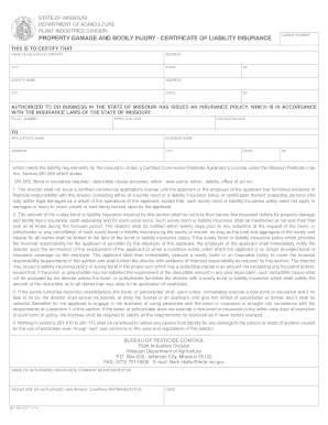 State of Mo Property Damage and Bodily Injury Certificate of Liability Insurance Form
