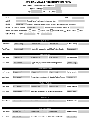 Special Meal Prescription Form from the Nh Department of Education