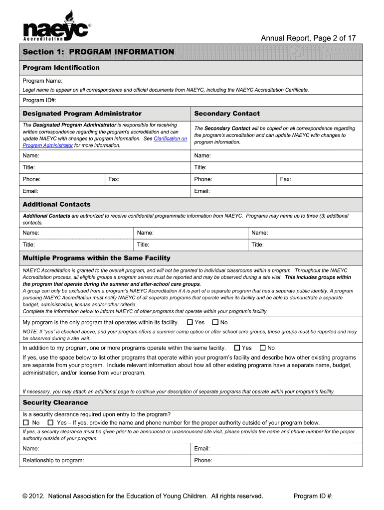  Naeyc Annual Reporting Form 2012