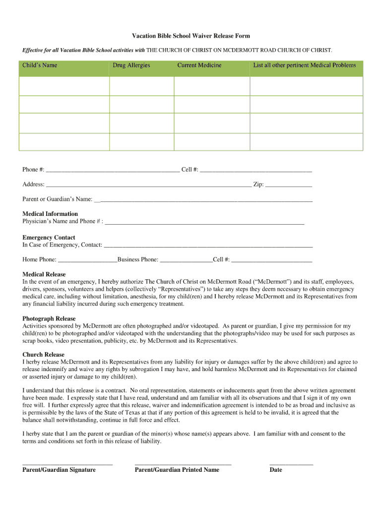 Simple Waiver for Vacation Bible School  Form