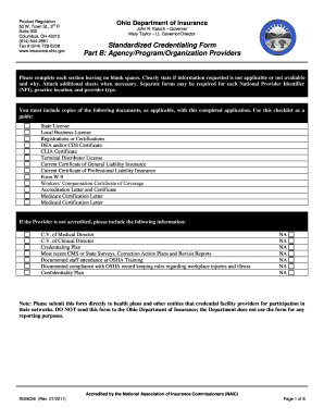 Ohio Department of Insurance Standardized Credentialing Form