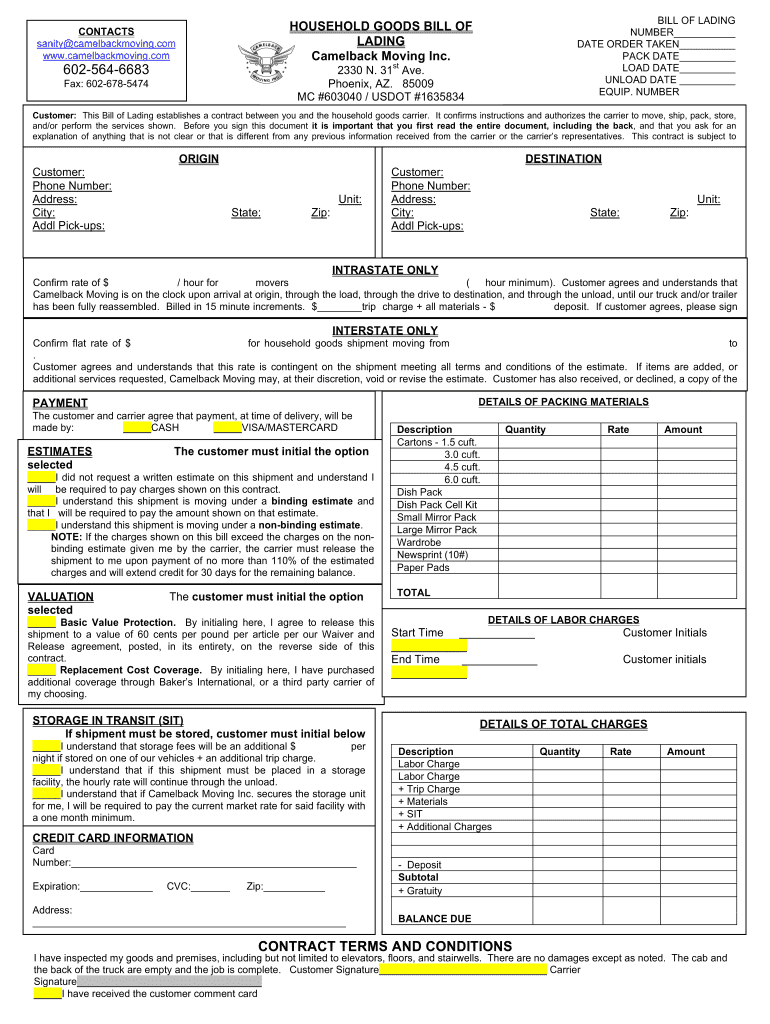 Moving Bill of Lading  Form