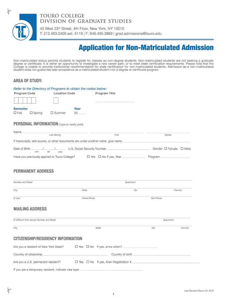  Touro Non Matriculated 2012-2024