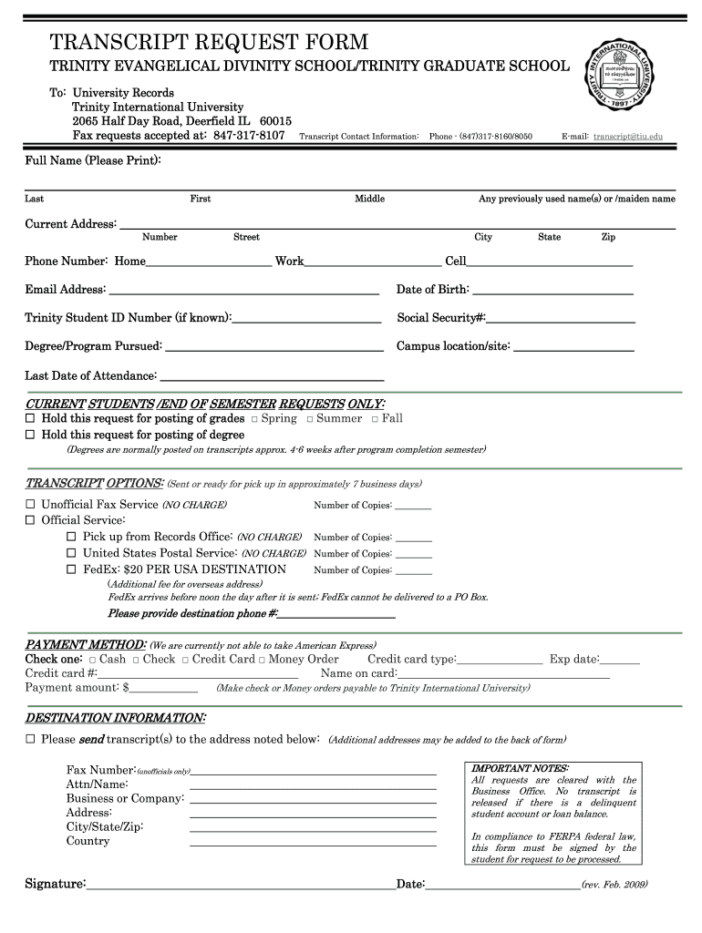  Trinity International University Transcript Request Form 2009-2024
