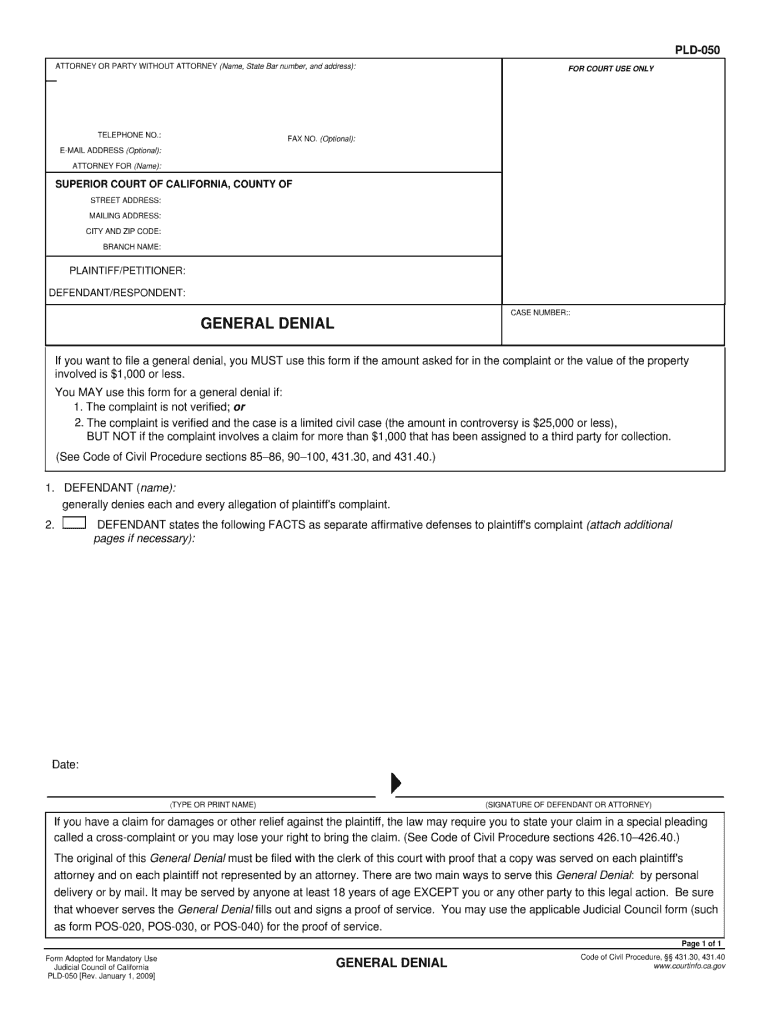 Get and Sign General Denial 2009-2022 Form