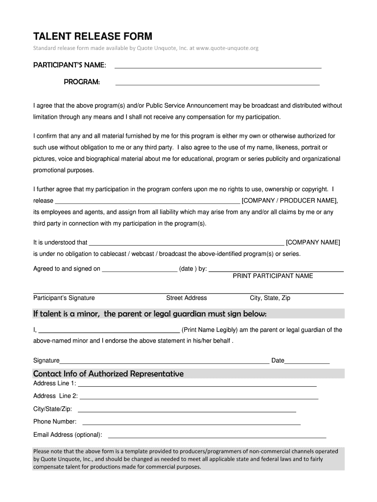 Talent Media Release Form