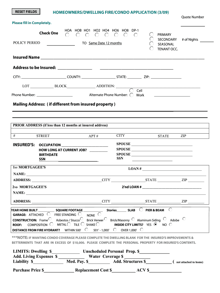 Home Insurance Application Form PDF