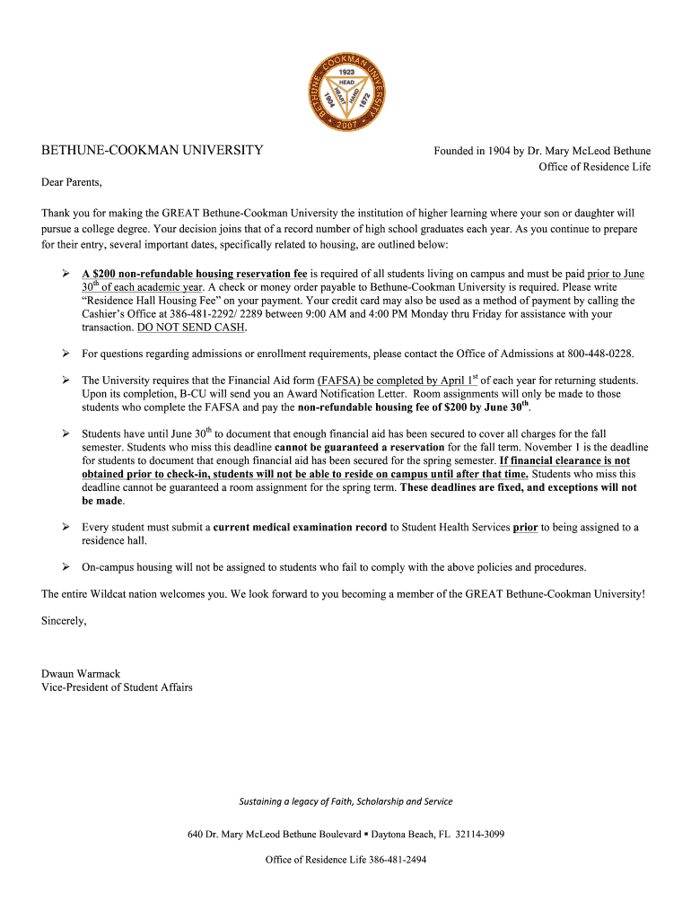 Bethune Cookman Housing Contract Form