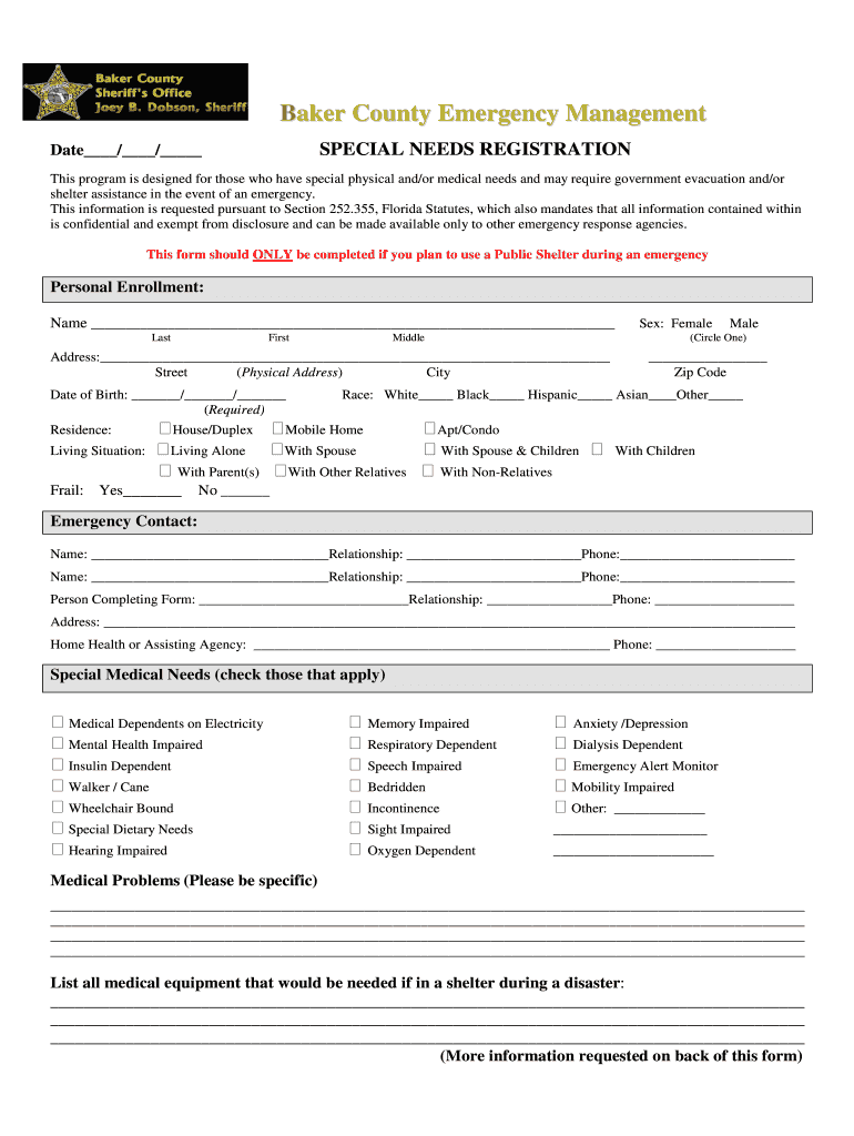 SPECIAL NEEDS REG  Bakercountyfl  Form