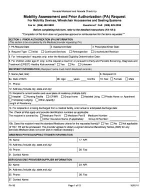 Mobility Assessment and Prior Authorization PA Request Medicaid Nv  Form