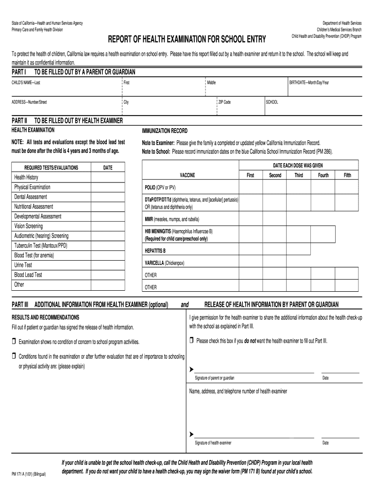 Report of Health Examination for School Entry California  Form 2001