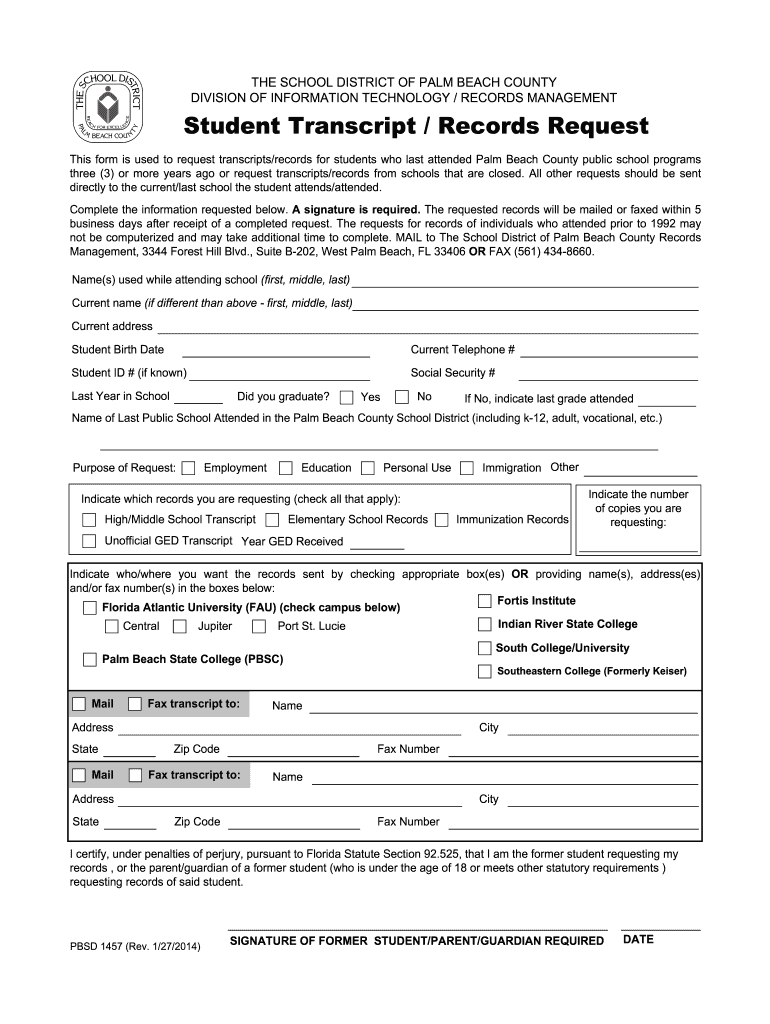 Student Tanscriptsrecords Request Pbsd Form