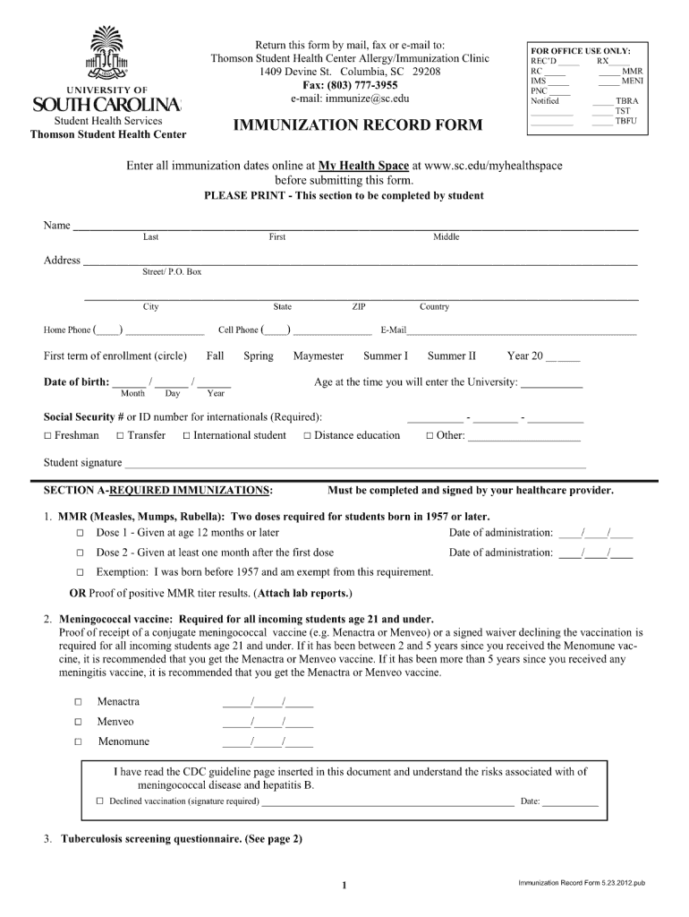  Military Fillable Immunization Record Form 2012