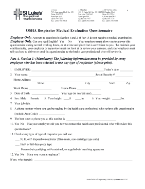 Osha Respirator Medical Evaluation Questionnaire Fillable  Form