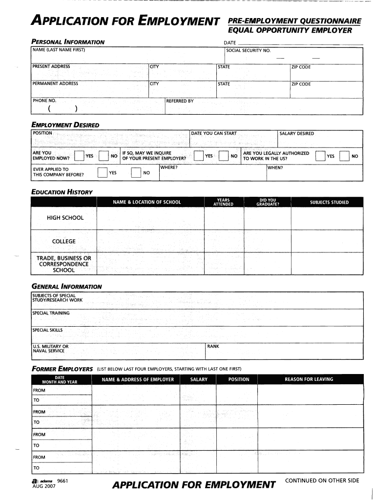 Adams Application for Employment  Form