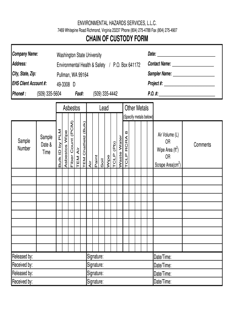 Chain of Custody Collection Form Stanislaus