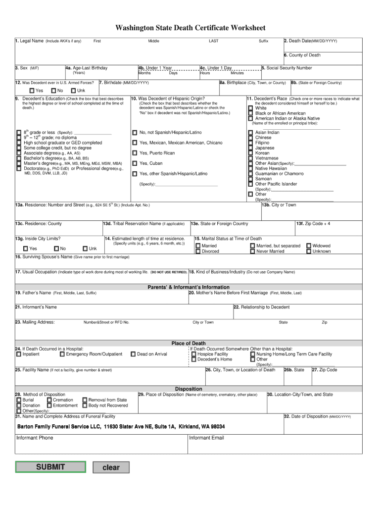 Get and Sign Wa State Death Certificate Worksheet  Form