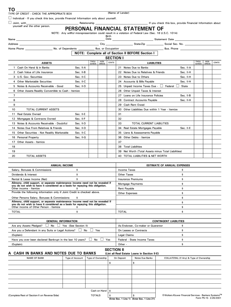 Personal Financial Statement Ps 15 Form