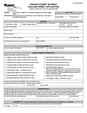 Purpose Use This Form to Apply for an Exempt Hauling Permit Covering Multiple Moves Dmv Virginia