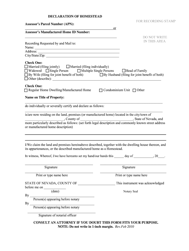  Nevada Homestead Declaration Form 2010