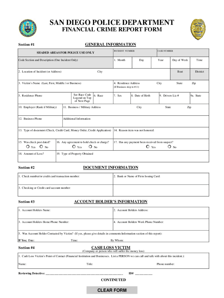 Police Report San Diego  Form