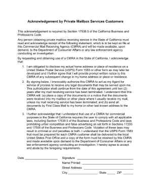 Ackowledgement for California Mailbox Customers Form