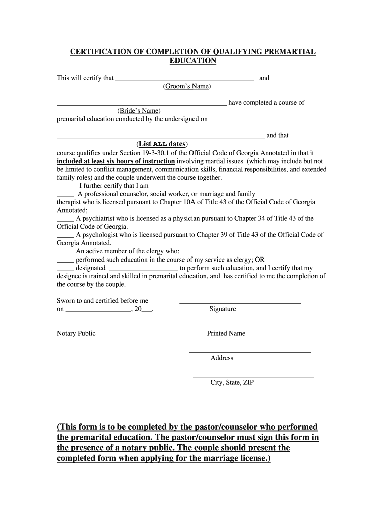 Premarital Counseling Certificate  Form