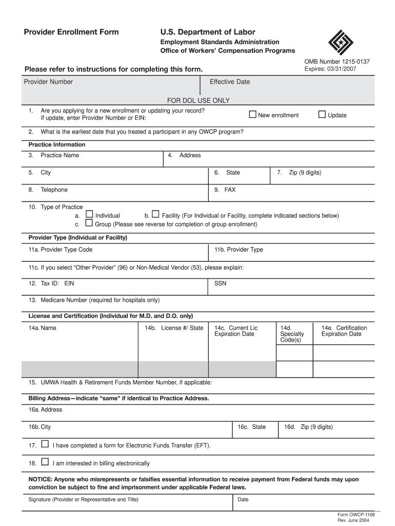 Department of Labor Provider Enrollment Form 2020
