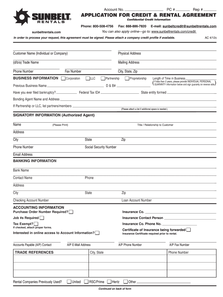 Sunbelt Rentals Credit Application  Form