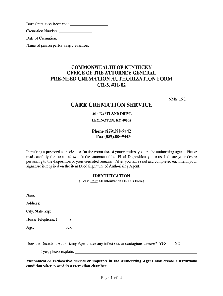 Cremation Authorization Form Kentucky