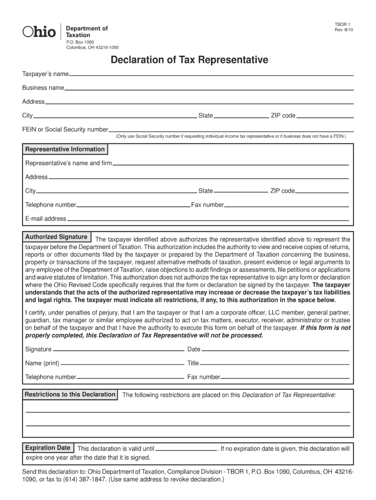  Ohio Declaration of Tax Representative Form 2020