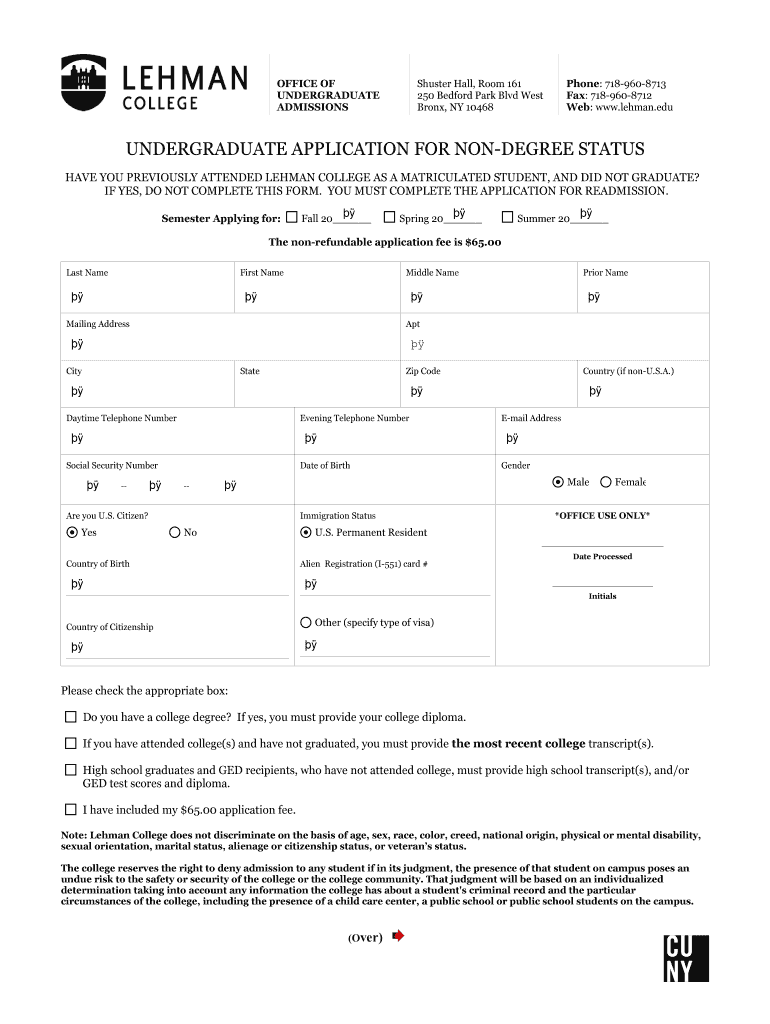 Lehman College Non Degree  Form