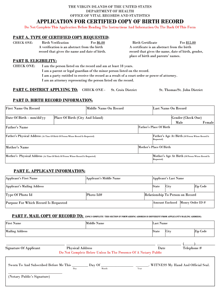 Virgin Islands Birth Certificate Application  Form