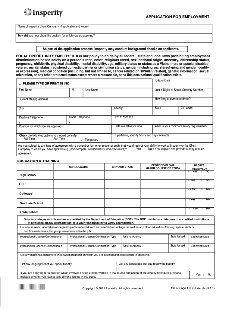 Insperity Application for Employment  Form