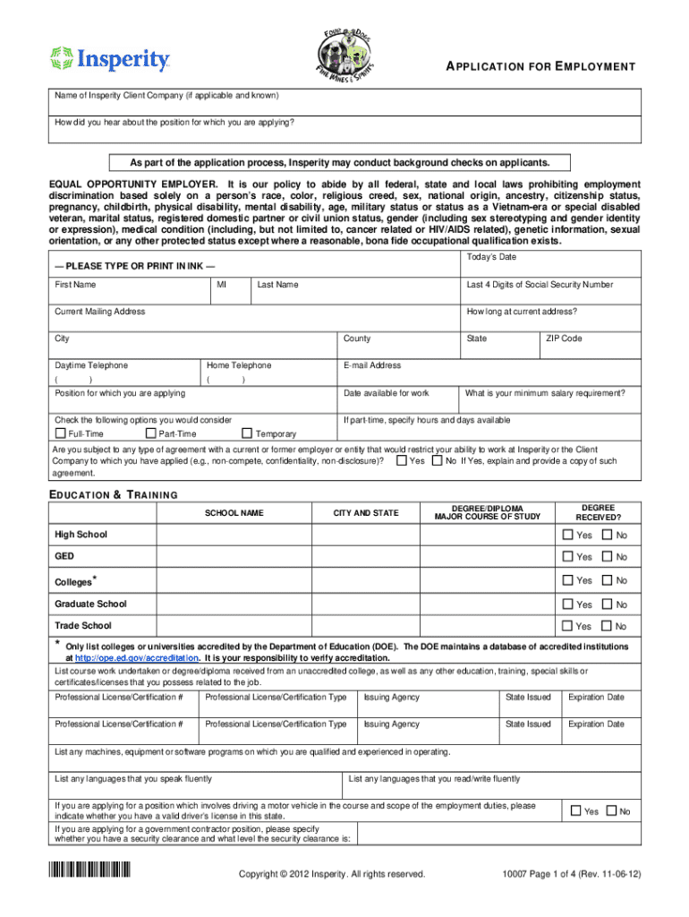 Insperity Application for Employment  Form