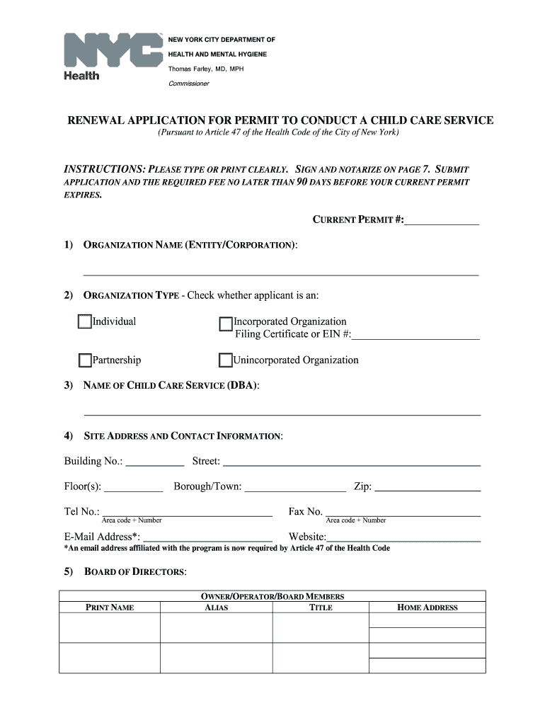 Nycgov Department of Health and Mental Hygiene Application to Conduct a Childcare Form