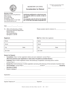 Secretary of State Considation for Refund Fom  Form